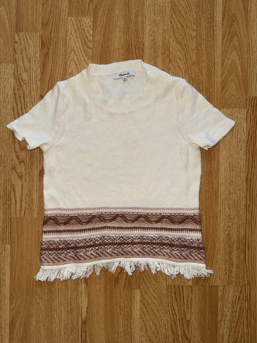 EUC Madewell Geometric Fringe Short Sleeve Sweater- Cream & Pink/Brown- XXS